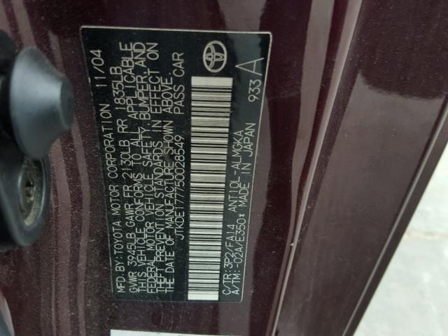 JTKDE177750028549 - 2005 TOYOTA SCION TC 栗色 照片 10