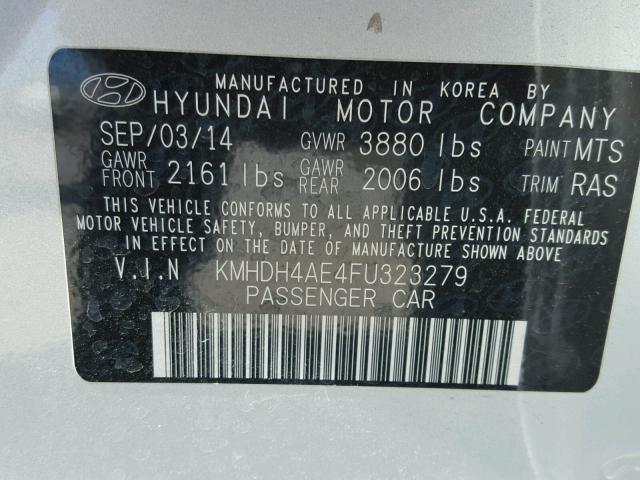 KMHDH4AE4FU323279 - 2015 HYUNDAI ELANTRA SE SILVER photo 10