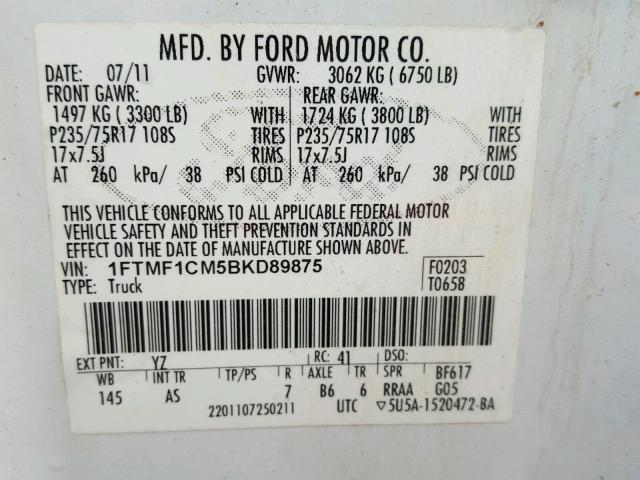 1FTMF1CM5BKD89875 - 2011 FORD F150 WHITE photo 10