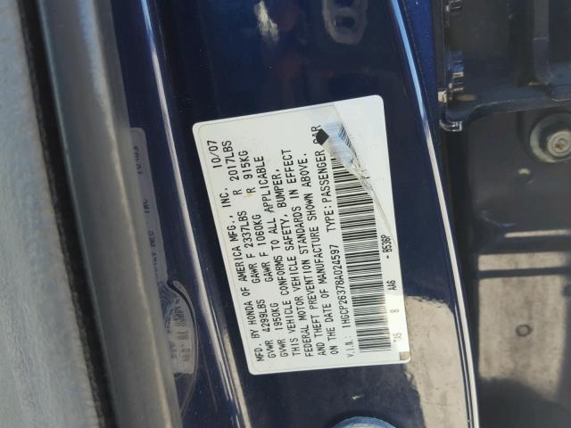 1HGCP26378A024597 - 2008 HONDA ACCORD BLUE photo 10