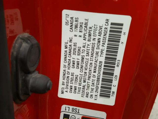 2HGFG3B85CH550628 - 2012 HONDA CIVIC RED photo 10