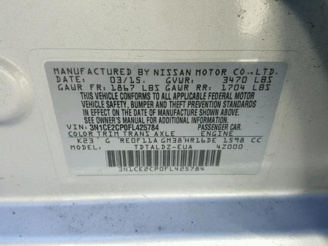 3N1CE2CP0FL425784 - 2015 NISSAN VERSA NOTE SILVER photo 10