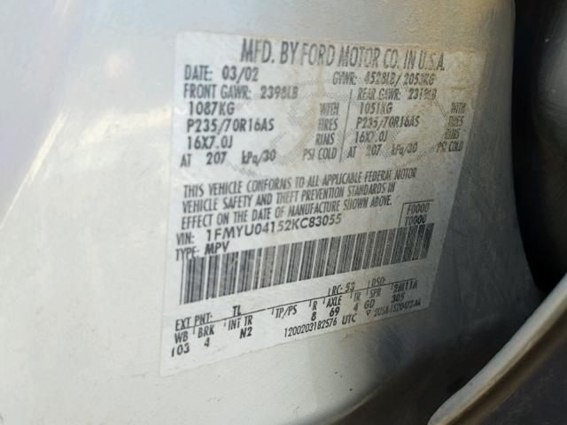 1FMYU04152KC83055 - 2002 FORD ESCAPE XLT SILVER photo 10