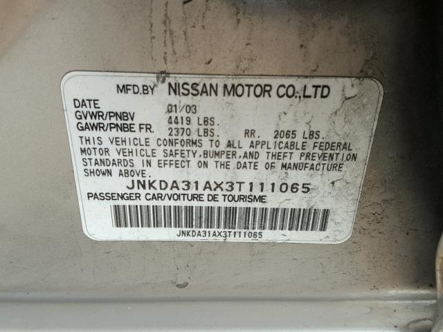 JNKDA31AX3T111065 - 2003 INFINITI I35 GRAY photo 10