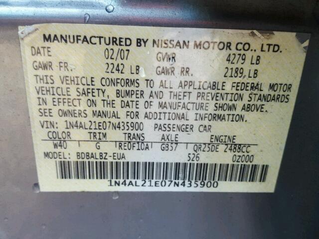 1N4AL21E07N435900 - 2007 NISSAN ALTIMA 2.5 GRAY photo 10