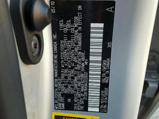 2T2ZK1BA9AC032607 - 2010 LEXUS RX SILVER photo 10