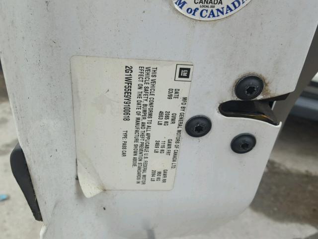 2G1WF55E9Y9100618 - 2000 CHEVROLET IMPALA WHITE photo 10