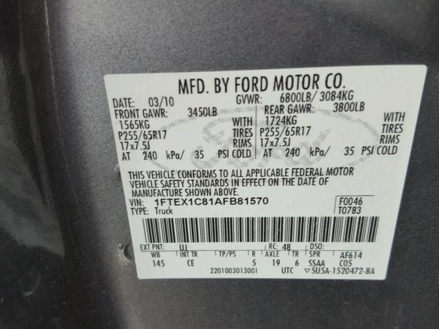 1FTEX1C81AFB81570 - 2010 FORD F150 SUPER GRAY photo 10