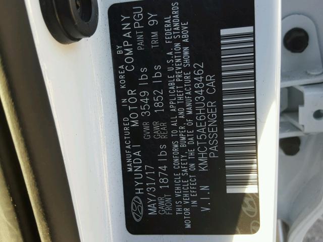 KMHCT5AE6HU348462 - 2017 HYUNDAI ACCENT SE WHITE photo 10