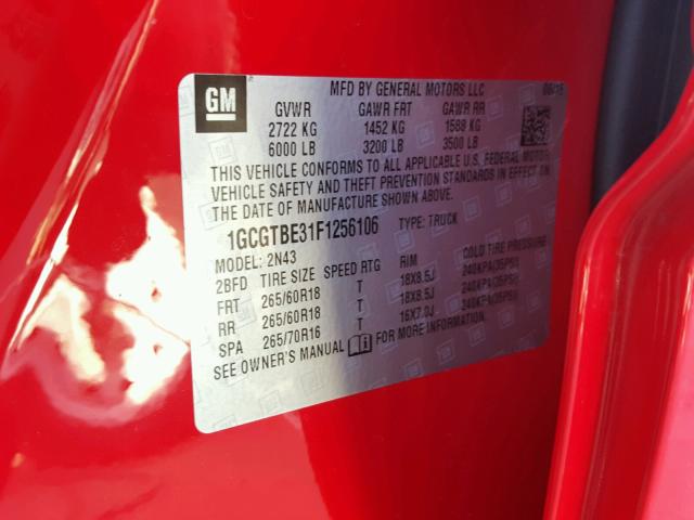1GCGTBE31F1256106 - 2015 CHEVROLET COLORADO L RED photo 10