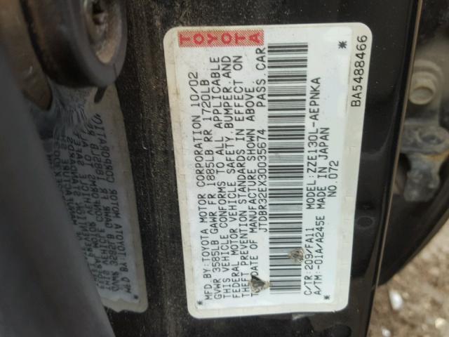 JTDBR32EX30035674 - 2003 TOYOTA COROLLA CE BLACK photo 10