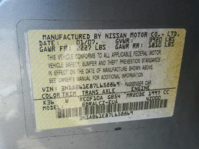 3N1AB61E87L658869 - 2007 NISSAN SENTRA 2.0 GRAY photo 10