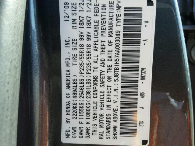 5J8TB1H57AA003049 - 2010 ACURA RDX TECHNO CHARCOAL photo 10