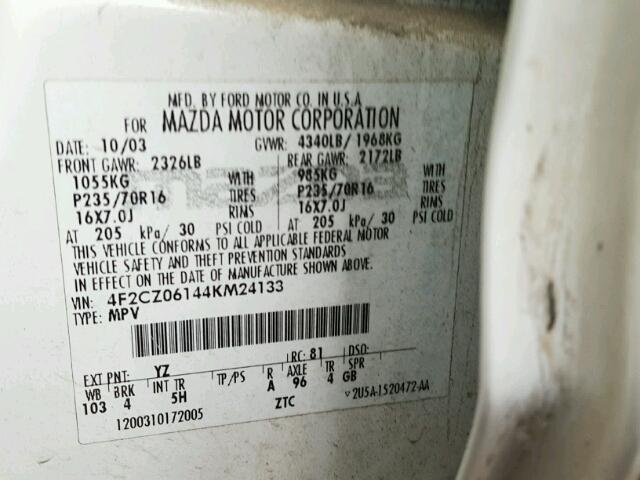 4F2CZ06144KM24133 - 2004 MAZDA TRIBUTE ES 白色 照片 10