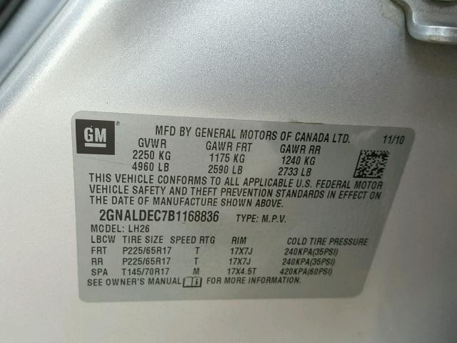 2GNALDEC7B1168836 - 2011 CHEVROLET EQUINOX LT SILVER photo 10