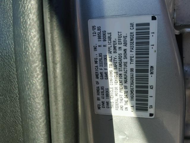 1HGCM56736A064198 - 2006 HONDA ACCORD EX SILVER photo 10