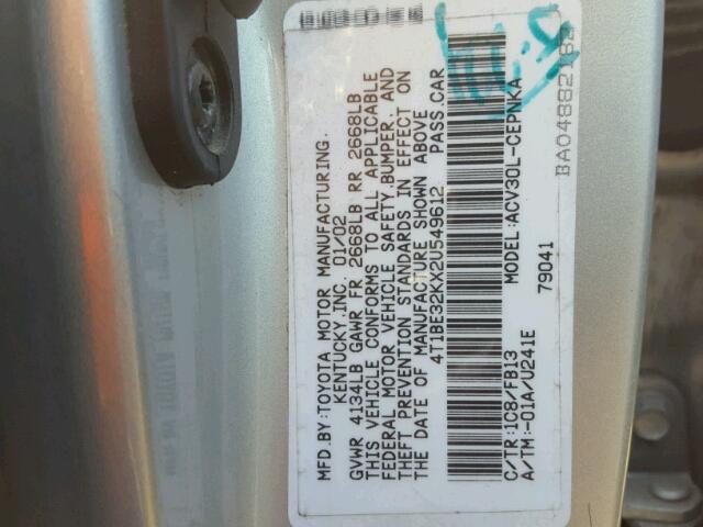 4T1BE32KX2U549612 - 2002 TOYOTA CAMRY LE SILVER photo 10