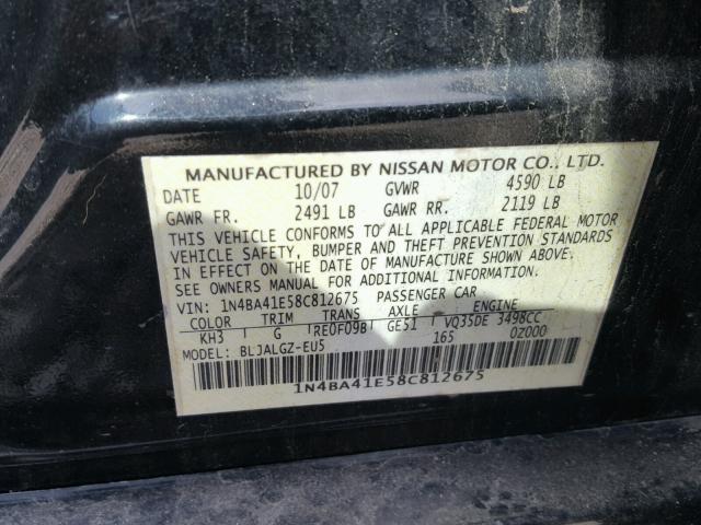 1N4BA41E58C812675 - 2008 NISSAN MAXIMA SE BLACK photo 10