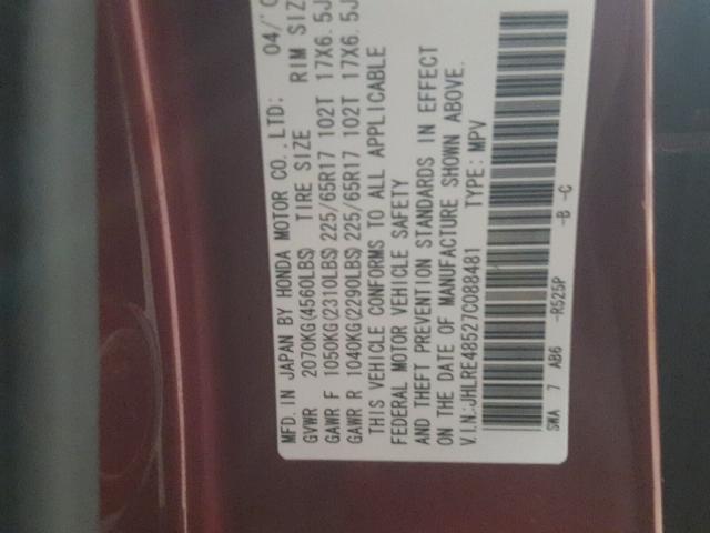 JHLRE48527C088481 - 2007 HONDA CR-V BURGUNDY photo 10