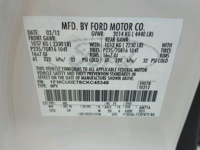 1FMCU0E78CKC45348 - 2012 FORD ESCAPE LIM WHITE photo 10