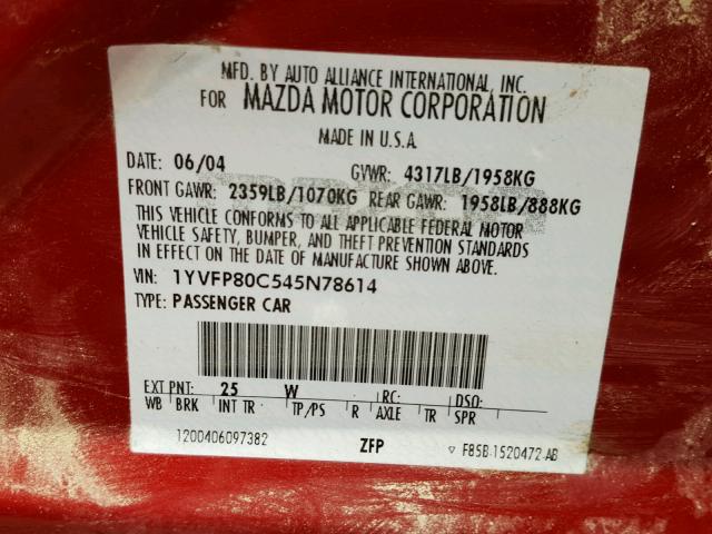 1YVFP80C545N78614 - 2004 MAZDA 6 RED photo 10