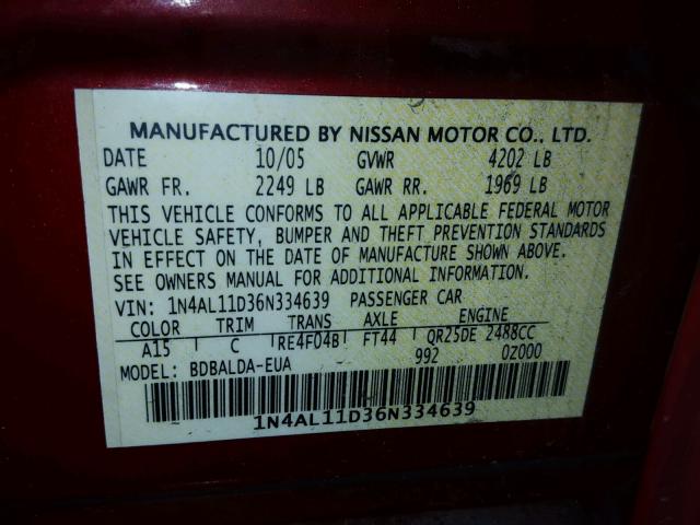 1N4AL11D36N334639 - 2006 NISSAN ALTIMA S MAROON photo 10