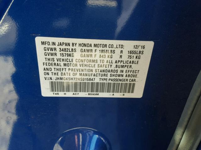 JHMGK5H72HS015847 - 2017 HONDA FIT EX BLUE photo 10