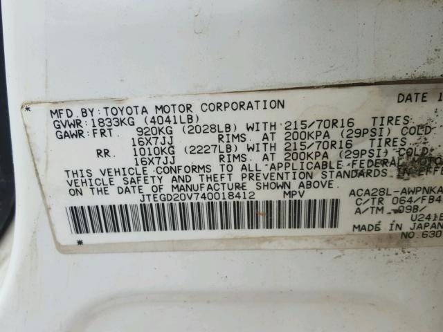 JTEGD20V740018412 - 2004 TOYOTA RAV4 WHITE photo 10