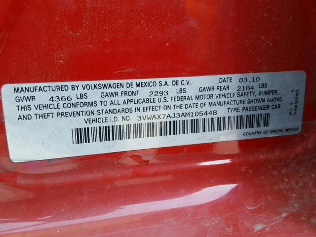 3VWAX7AJ3AM105448 - 2010 VOLKSWAGEN JETTA LIMI RED photo 10