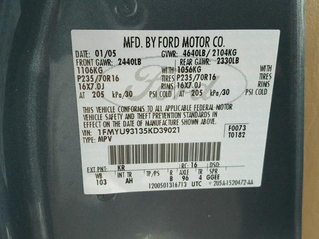 1FMYU93135KD39021 - 2005 FORD ESCAPE XLT BLUE photo 10