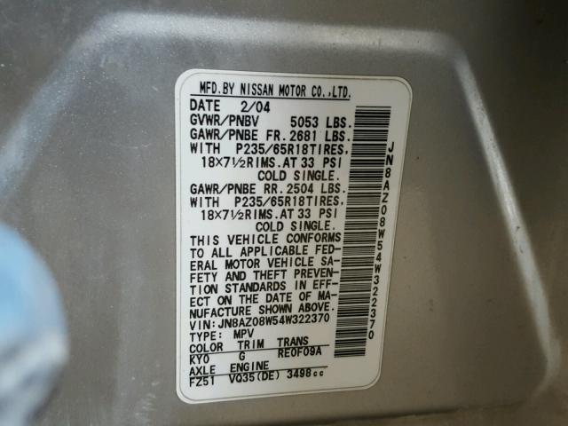 JN8AZ08W54W322370 - 2004 NISSAN MURANO SL SILVER photo 10