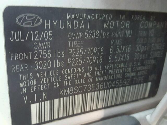 KM8SC73E36U045592 - 2006 HYUNDAI SANTA FE G WHITE photo 10