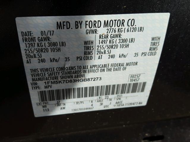 1FM5K7D83HGB87273 - 2017 FORD EXPLORER X GRAY photo 10