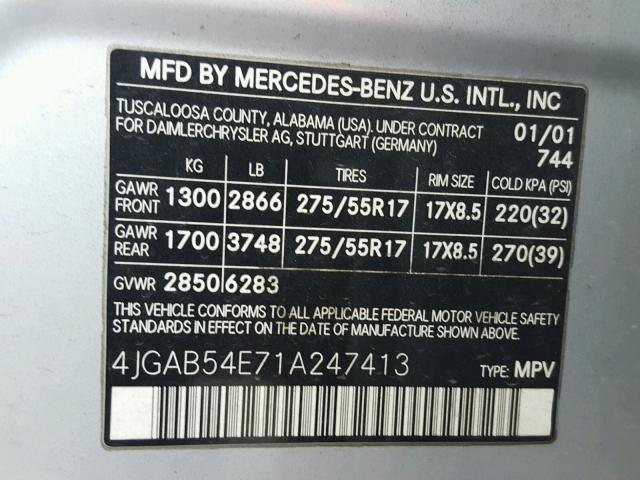 4JGAB54E71A247413 - 2001 MERCEDES-BENZ ML 320 SILVER photo 10