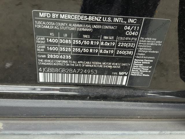 4JGBB8GB2BA724953 - 2011 MERCEDES-BENZ ML 350 4MA BLACK photo 10