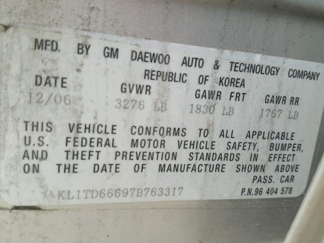 KL1TD66697B763317 - 2007 CHEVROLET AVEO BASE Gümüş foto 10