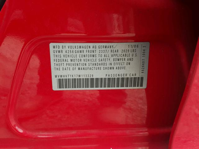 WVWHV71K17W113329 - 2007 VOLKSWAGEN NEW GTI RED photo 10