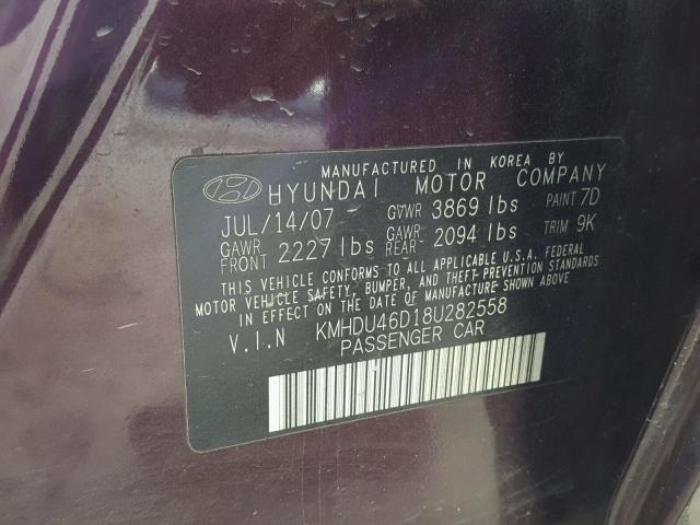 KMHDU46D18U282558 - 2008 HYUNDAI ELANTRA GL PURPLE photo 10