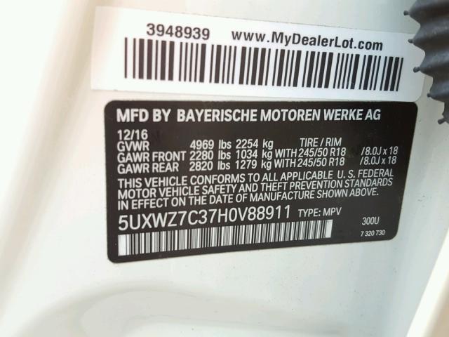 5UXWZ7C37H0V88911 - 2017 BMW X3 SDRIVE2 WHITE photo 10