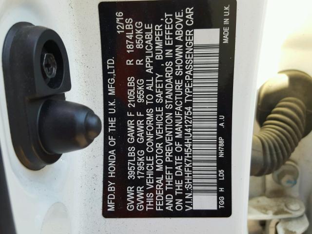 SHHFK7H54HU412754 - 2017 HONDA CIVIC EX 白色 照片 10