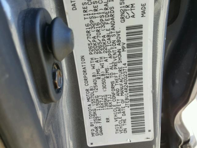 JTEBU14R240023714 - 2004 TOYOTA 4RUNNER GRAY photo 10