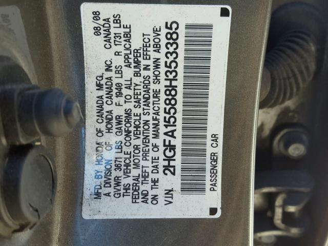 2HGFA15588H353385 - 2008 HONDA CIVIC LX GRAY photo 10