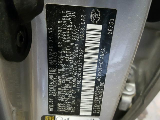 4T1BE32K46U111352 - 2006 TOYOTA CAMRY LE SILVER photo 10