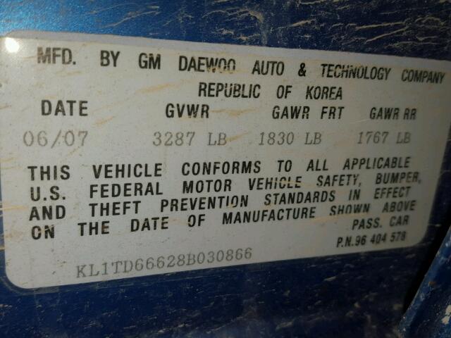 KL1TD66628B030866 - 2008 CHEVROLET AVEO Bleu photo 10