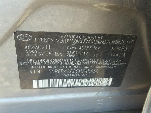 5NPEB4AC8CH345459 - 2012 HYUNDAI SONATA GLS GRAY photo 10