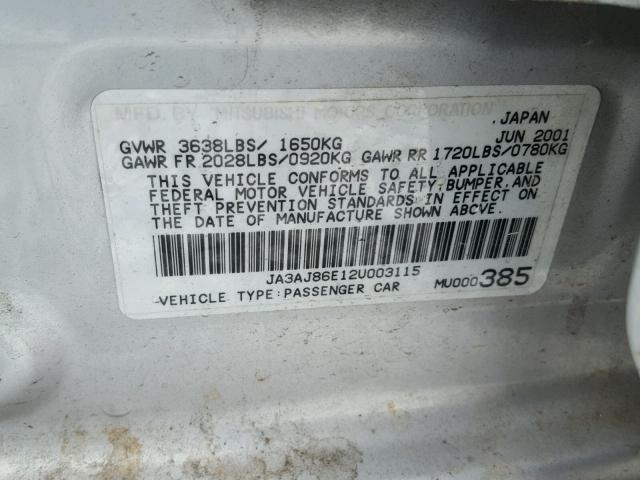 JA3AJ86E12U003115 - 2002 MITSUBISHI LANCER OZ SILVER photo 10