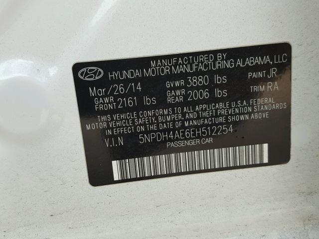 5NPDH4AE6EH512254 - 2014 HYUNDAI ELANTRA SE WHITE photo 10