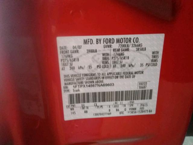 1FTPX14567NA69603 - 2007 FORD F150 RED photo 10