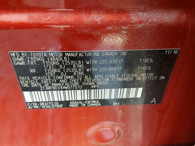 2T3RFREVXHW577513 - 2017 TOYOTA RAV4 XLE RED photo 10