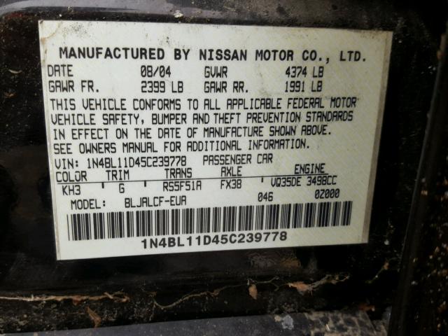 1N4BL11D45C239778 - 2005 NISSAN ALTIMA SE BLACK photo 10